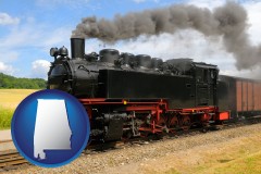 alabama map icon and a railroad steam engine