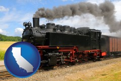 california map icon and a railroad steam engine