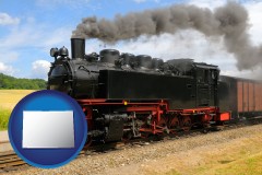 colorado map icon and a railroad steam engine