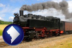 washington-dc map icon and a railroad steam engine