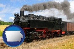 iowa map icon and a railroad steam engine