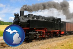 michigan map icon and a railroad steam engine