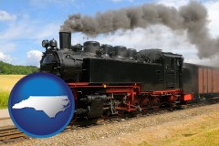 north-carolina map icon and a railroad steam engine