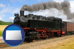 north-dakota map icon and a railroad steam engine