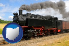 ohio map icon and a railroad steam engine