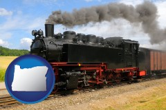 oregon map icon and a railroad steam engine