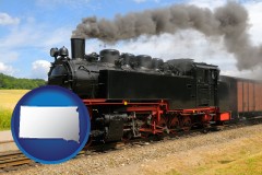south-dakota map icon and a railroad steam engine