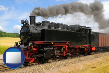 a railroad steam engine - with Wyoming icon